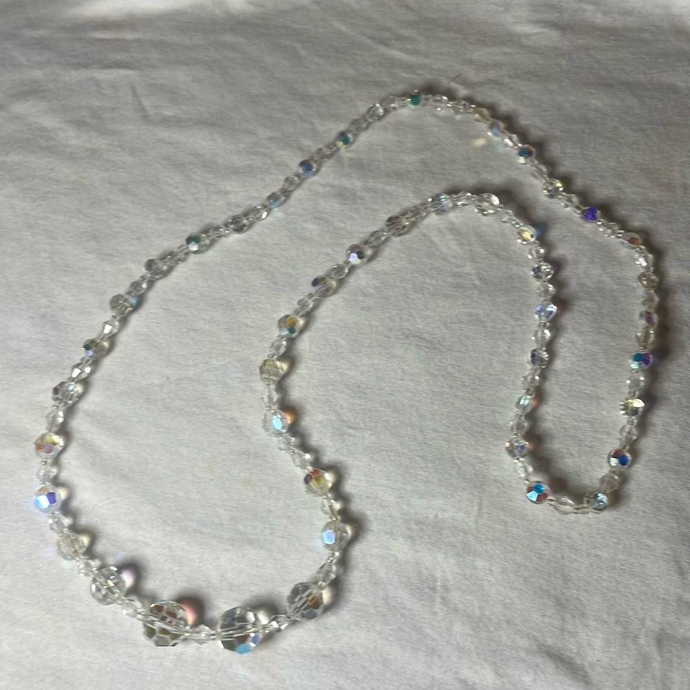 Beaded Necklace - 26 in - slip over head - clear/iridescent beads - EUC